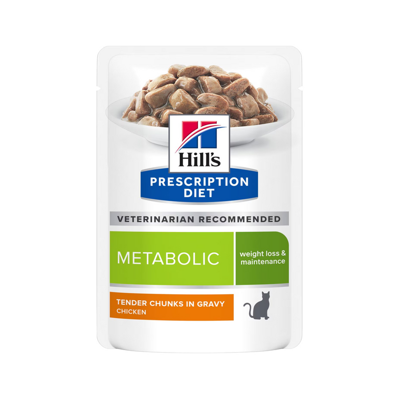 Hills Prescription cat food pouch with a bowl full of food pictured on the packet, text reads 'Metabolic, Weight loss & maintenance' and 'Tender chunks in Gravy with Chicken' on a white background.