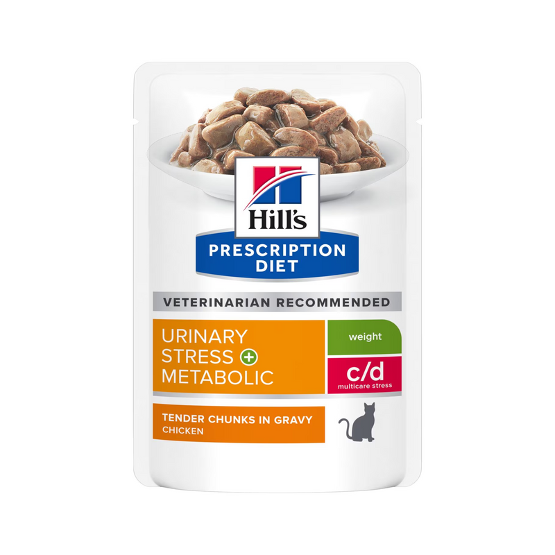 Hills Prescription cat food pouch with a bowl full of food pictured on the packet, text reads 'Urinary Stress +Metabolic, Weight, C/D Multicare Stress' and 'Tender chunks in Gravy with Chicken' on a white background.