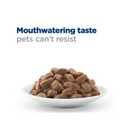 Hills Prescription Thyroid cat food in a bowl, with text above 'Mouth-watering taste pets can't resist.'