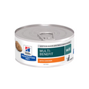 Hills Prescription cat food tin with a spoon full of food pictured on the label, text reads 'Multi-Benefit, W/D' and 'with chicken' on a white background. 