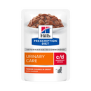 Hills Prescription cat food pouch with a bowl full of food pictured on the packet, text reads 'Urinary Care, C/D Multicare Stress' and 'Tender chunks in Gravy with Chicken' on a white background. 
