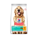 Hills Science Plan dry dog food packaged in a white bag with a Golden Retriever dog pictured on the bag. Text on bag say 'Hill's Science Plan, veterinarian recommended' and 'Perfect Weight, Large 25kg+, Adult 1+' with a chicken pictured with text 'with chicken' beneath on white background.