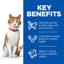 Picture of a ginger tabby and white adult cat pictured next to a blue section with white text stating 'Key Benefits, Clinically proven to help keep cats lean & active, Controlled mineral levels for urinary health, High in L-lysine to help maintain vitality'. 