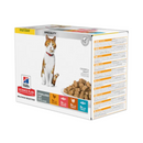 Side view of box of wet cat food pouches with an adult ginger tabby cat pictured on the box, text on the box says 'Sterilised Cat  Adult up to 6 years' and '3x with Chicken, x3 with Salmon, 3x with Turkey, 3x with Trout' below is a picture of the wet food. 