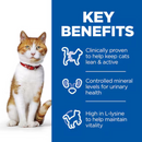 Picture of a ginger tabby and white adult cat pictured next to a blue section with white text stating 'Key Benefits, Clinically proven to help keep cats lean & active, Controlled mineral levels for urinary health, High in L-lysine to help maintain vitality'. 