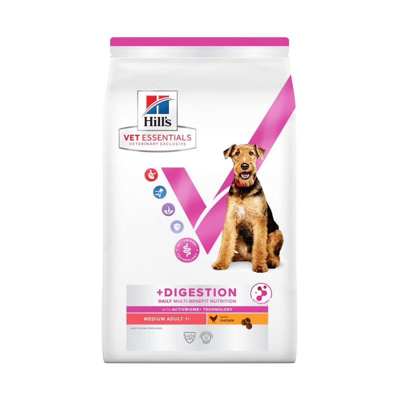 Hills Vet Essentials dry dog food packaged in a white bag with an adult Airedale Terrier dog pictured on the bag. Text on bag says 'Hill's Vet Essentials, veterinary exclusive' and '+Digestion, Medium Adult 1+' with a chicken pictured with text 'with Chicken' beneath on white background. 