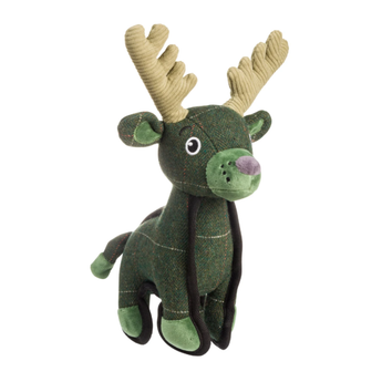 A House of Paws plush dog toy reindeer made from dark green tweed fabric with beige corduroy antlers, green ears and muzzle, and a purple nose, shown on a plain white background.
