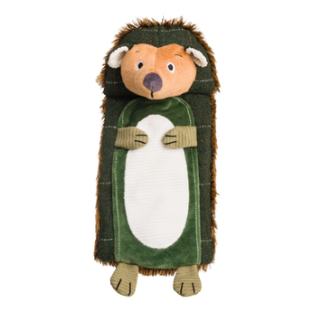 A House of Paws plush hedgehog dog toy with a green body, brown shaggy hedgehog fur around the edges, a tan face, and a white belly, shown on a plain white background.