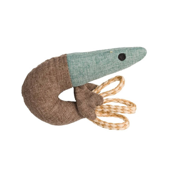 A House of Paws eco friendly plush cat toy shaped like a prawn, featuring a textured brown fabric body, a sage green fabric head, a small black button eye, and four braided natural jute rope tentacles, shown on a plain white background.