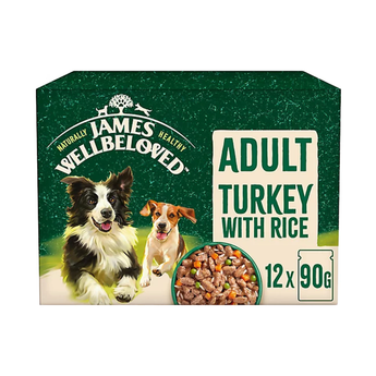 White background with a mega box of James Wellbeloved Turkey with Rice Dog Wet Food. The box is green and cream with 2 adult dogs pictured on the box.
