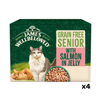 White background with a box of James Wellbeloved Grain Free Salmon Senior Wet Food. The tin is green and cream with 2 cats pictured, with text 'Grain Free Senior, Salmon in Jelly. 
