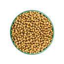 White background with a green bowl pictured filled with cat food kibbles. 