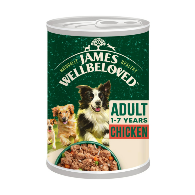 White background with a tin of James Wellbeloved Adult Dog Chicken flavoured wet food. The tin is green and cream with 3 puppies pictured, with text 'Adult 1-7 years, Chicken'. 