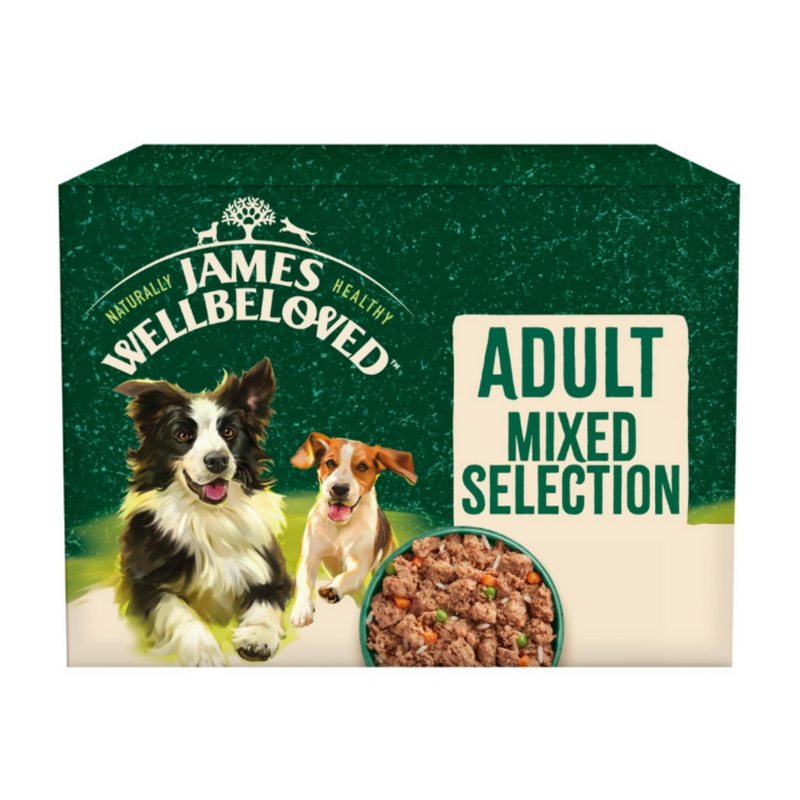 White background with a multipack box of James Wellbeloved Mixed Adult Wet Food. The tin is green and cream with 2 dogs pictured, with text 'Adult, Mixed Selection'. 