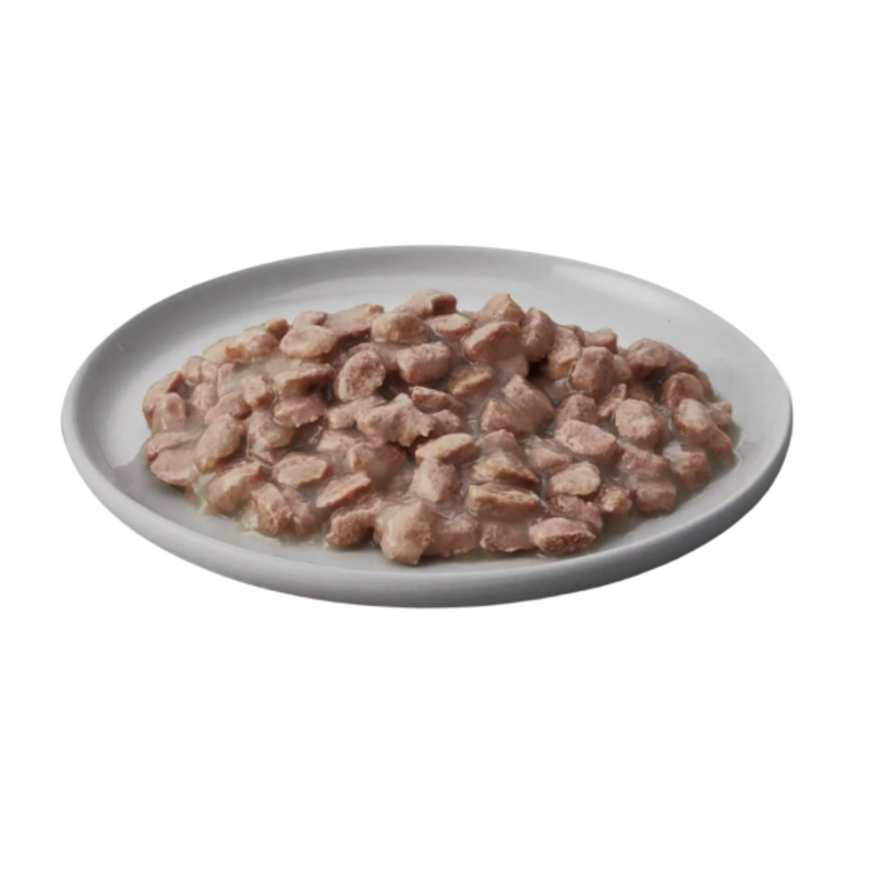 White background with a white bowl pictured filled with wet adult cat food.