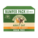 White background with a box of James Wellbeloved Turkey Adult Wet Food. The tin is green and cream with 2 cats pictured, with text BUMPER PACK 24X85G, Adult Cat, Turkey in Gravy and Grain Free'.  