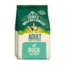 White background with a bag of James Wellbeloved Duck & Rice Dog Food. Packaging is green and cream with 3 dogs pictured, with text 'Adult, Dog 1-7years, Duck and Rice'. 