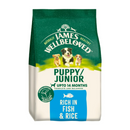 White background with a bag of James Wellbeloved Fish & Rice Puppy/Junior Food. Packaging is green and cream with 3 puppies pictured, with text 'Puppy/Junior ,Upto 14 months, Rich in Fish & Rice'. 