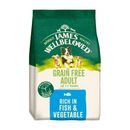 White background with a bag of James Wellbeloved Grain Free Fish & Vegetable Dog Food. Packaging is green and cream with 3 dogs pictured, with text 'Grain Free Adult, Dog 1-7 years, Rich in Fish and Vegetables'. 