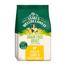 White background with a bag of James Wellbeloved Grain Free Lamb & Vegetable Dog Food. Packaging is green and cream with 3 dogs pictured, with text 'Grain Free Adult, Dog 1-7 years, Rich in Lamb and Vegetables'. 