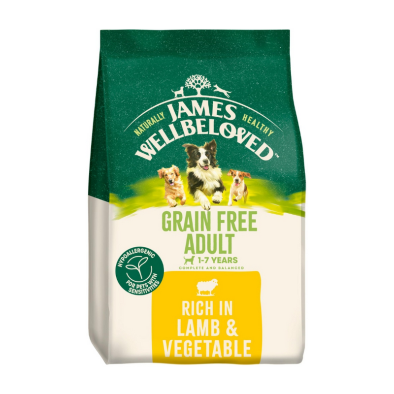 White background with a bag of James Wellbeloved Grain Free Lamb & Vegetable Dog Food. Packaging is green and cream with 3 dogs pictured, with text 'Grain Free Adult, Dog 1-7 years, Rich in Lamb and Vegetables'. 