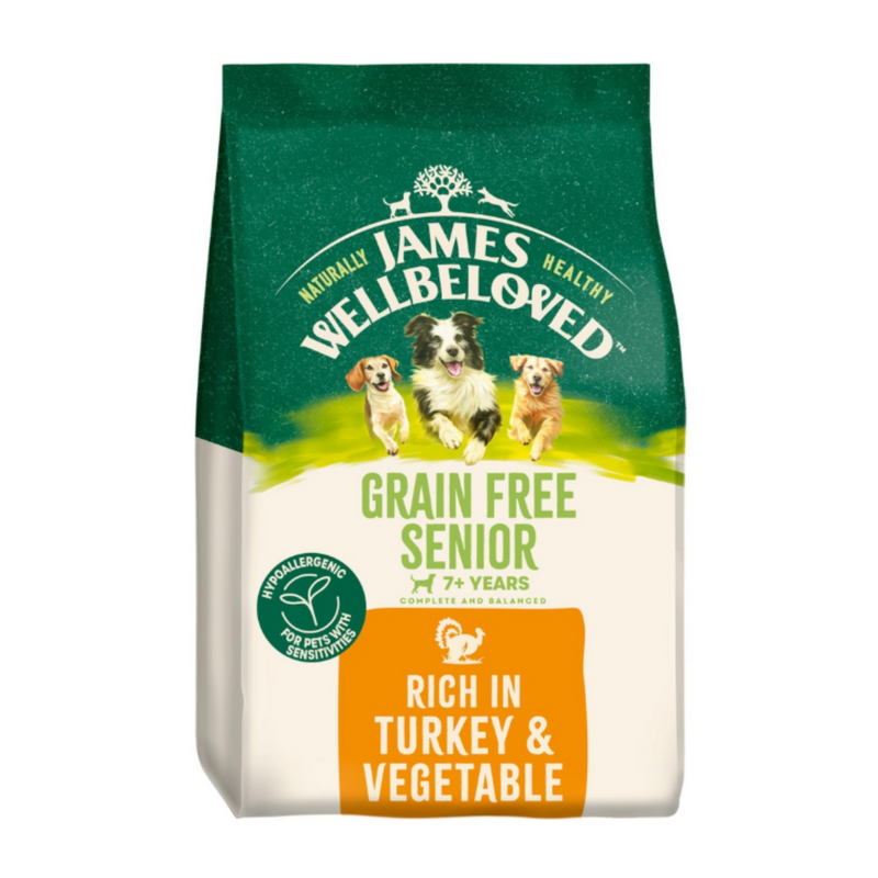 White background with a bag of James Wellbeloved Grain Free Turkey & Vegetable Senior Dog Food. Packaging is green and cream with 3 dogs pictured, with text 'Grain Free Senior, Dog 7+ years, Rich in Turkey and Vegetables'. 