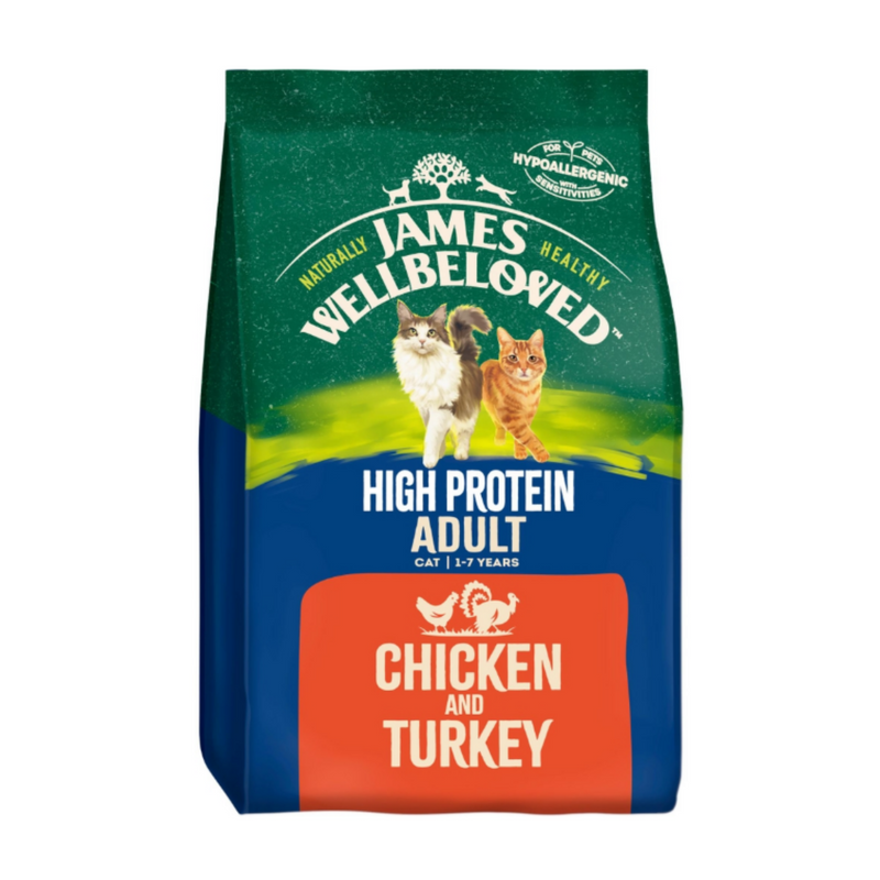 White background with a bag of James Wellbeloved chicken and turkey high protein cat Food. Packaging is green and cream with 2 cats pictured, with text 'High Protein Adult, Cat 1-7years, Chicken and Turkey'. 