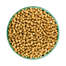 White background with a green bowl pictured filled with cat food kibbles. 