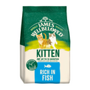 White background with a bag of James Wellbeloved Fish Kitten Food. Packaging is green and cream with 2 kittens pictured, with text 'Kitten, Up to 12 months, Rich in Fish'. 