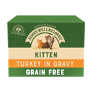 White background with a box of James Wellbeloved Turkey Kitten Wet Food. The tin is green and cream with 2 kittens pictured, with text 'Kitten, Turkey in Gravy, Grain Free'.  