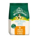 White background with a bag of James Wellbeloved Light Turkey & Rice Dog Food. Packaging is green and cream with 3 dogs pictured, with text 'Light Recipe Adult, 1-7years, Rich in Turkey and Rice'. 