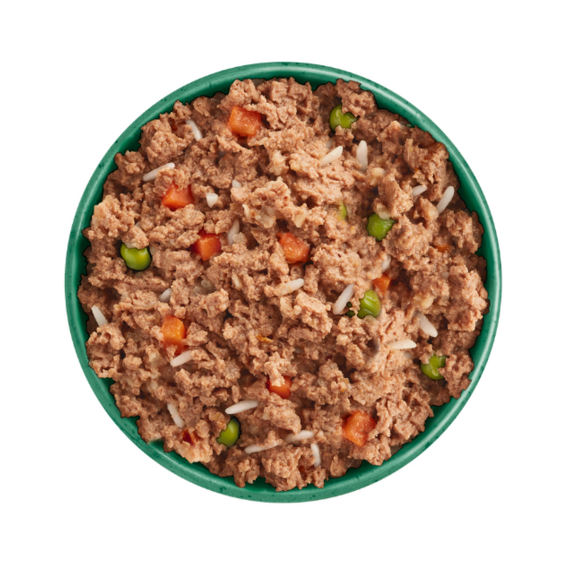 White background with a green bowl pictured filled with wet puppy food. 