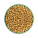 White background with a green bowl pictured filled with cat food kibbles. 