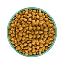White background with a green bowl pictured filled with dog food kibbles. 