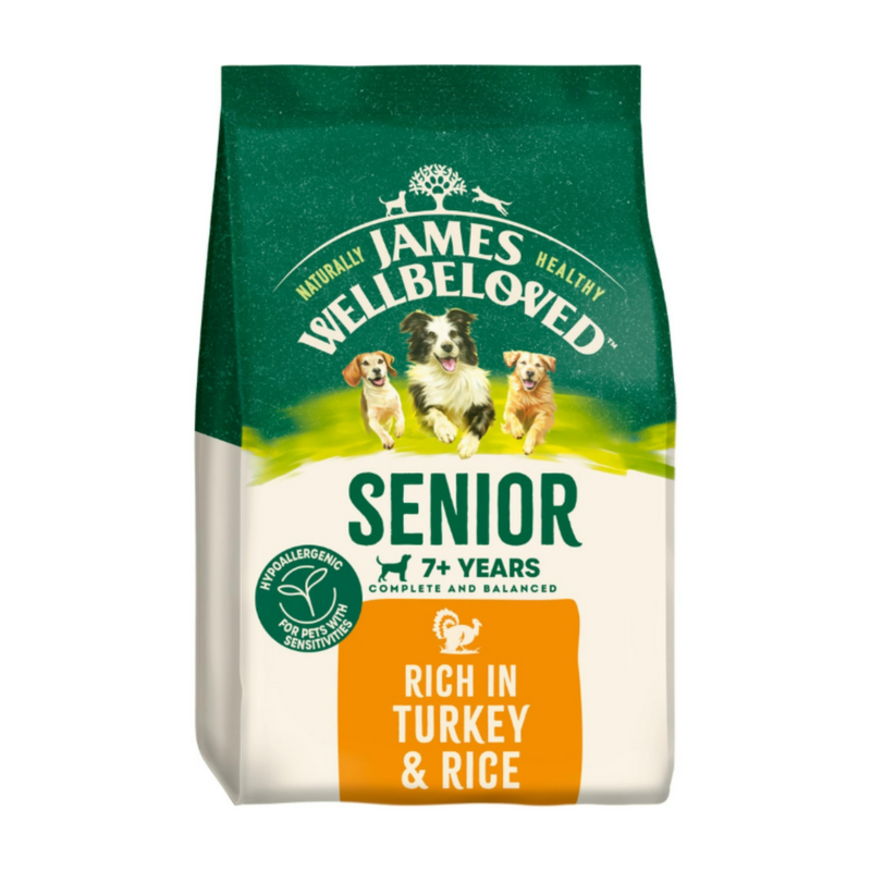 White background with a bag of James Wellbeloved Turkey & Rice Senior Dog Food. Packaging is green and cream with 3 dogs pictured, with text 'Senior, 7+ years, Rich in Turkey and Rice'. 