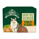 White background with a box of James Wellbeloved Turkey Senior Wet Food. The tin is green and cream with 2 cats pictured, with text 'Grain Free Senior, Turkey in Gravy. 