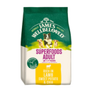White background with a bag of James Wellbeloved Superfoods Lamb, Sweet potato and Chia Dog Food. Packaging is green and cream with 3 dogs pictured, with text 'Superfoods Adult, Dog 1-7years, Rich in Lamb, Sweet potato & Chia'. 