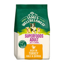 White background with a bag of James Wellbeloved Superfoods Turkey, Kale and Quinoa. Packaging is green and cream with 3 dogs pictured, with text 'Superfoods Adult, Dog 1-7years, Rich in Turkey, Kale & Quinoa'. 