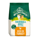 White background with a bag of James Wellbeloved Hairball Turkey Cat Food. Packaging is green and cream with 2 cats pictured, with text 'Hairball Adult, 1-7years, Rich in Turkey'. 