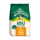 White background with a bag of James Wellbeloved Turkey & Rice Dog Food. Packaging is green and cream with 3 dogs pictured, with text 'Adult, Dog 1-7years, Turkey and Rice'. 