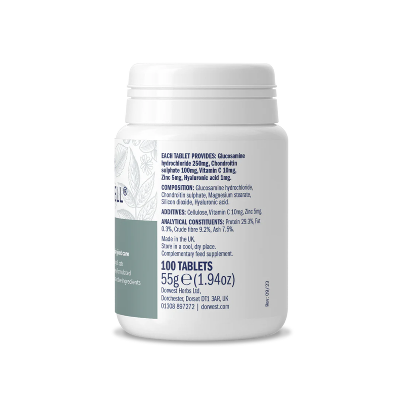 White background with a back view of a white tub of Dorwest JointWell tablets. 