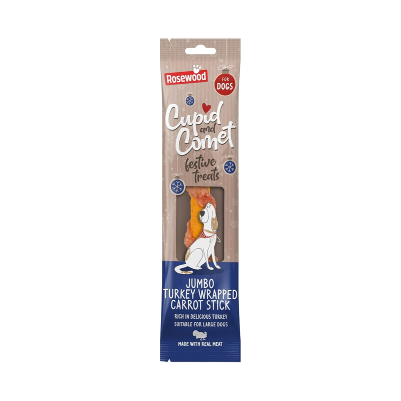 White background with a box of Rosewood Cupid and Comet festive treats Jumbo Turkey wrapped Carrot stick, pictured on the packet is a large illustrated dog and text at the bottom 'Rich in delicious Turkey' and 'Suitable for Large Dogs'.  