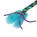 White background with a close up of a KONG Cat Curlz Teaser pictured. The teaser is blue, green and purple with blue feathers and purple twisted ribbons on the end.