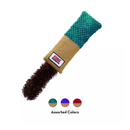 White background with a KONG Cat Kickeroo toy, which is half teal waffle fabric and half brown jute with a dark brown fluffy tail. Below the Kickeroo is three circles showing the available colours as teal, purple and red. 