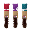 White background with three KONG Cat Kickeroo toys in a row, each one is half brown jute fabric with different coloured waffle fabric at the top, one red, one purple and one teal with a dark brown fluffy tail.