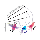White background with three cat toy teasers on sticks with measurements indicating 18.5" including string and 2" height of the toy. There is a pink and purple bug toy with wing feathers, a blue bird with a feather tail and a pink flamingo with feathery wings. 