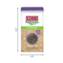 White background with a tin of KONG Naturals Premium Catnip with measurements underneath and left side, indicating width of 3.5" and height 6.5". 