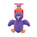 White background with a KONG purple plush duck dog toy with a orange beak and feet, attached to a cardboard backing.