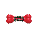 White background with a KONG red bone with a tartan bow motif in the centre.