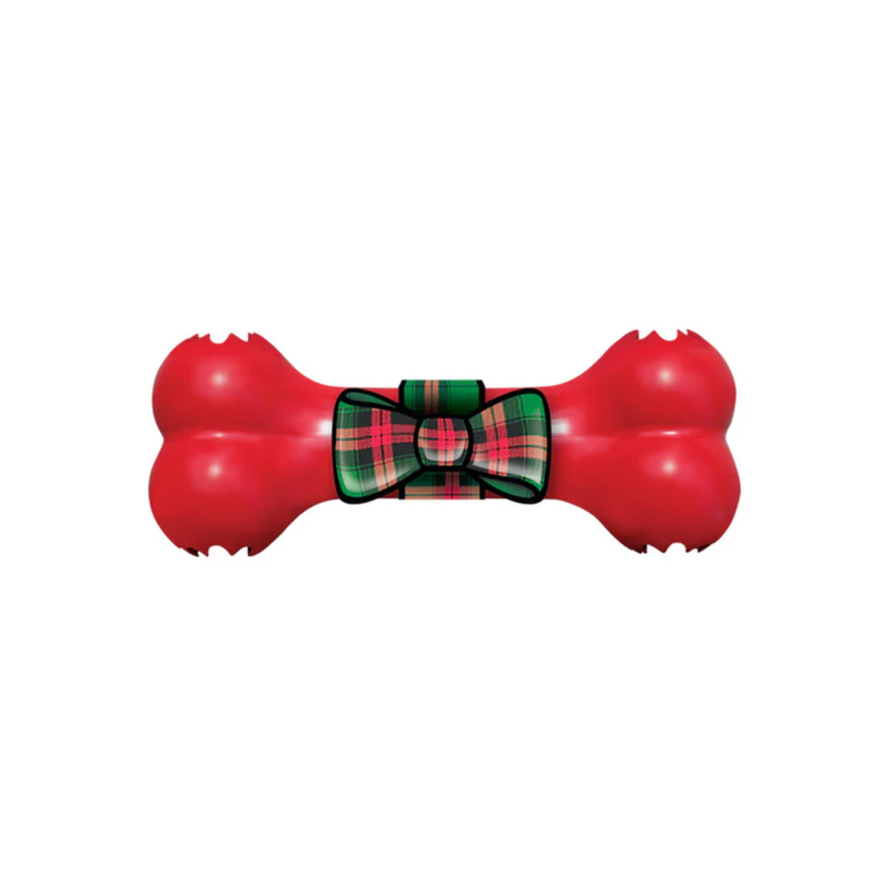 White background with a KONG red bone with a tartan bow motif in the centre.